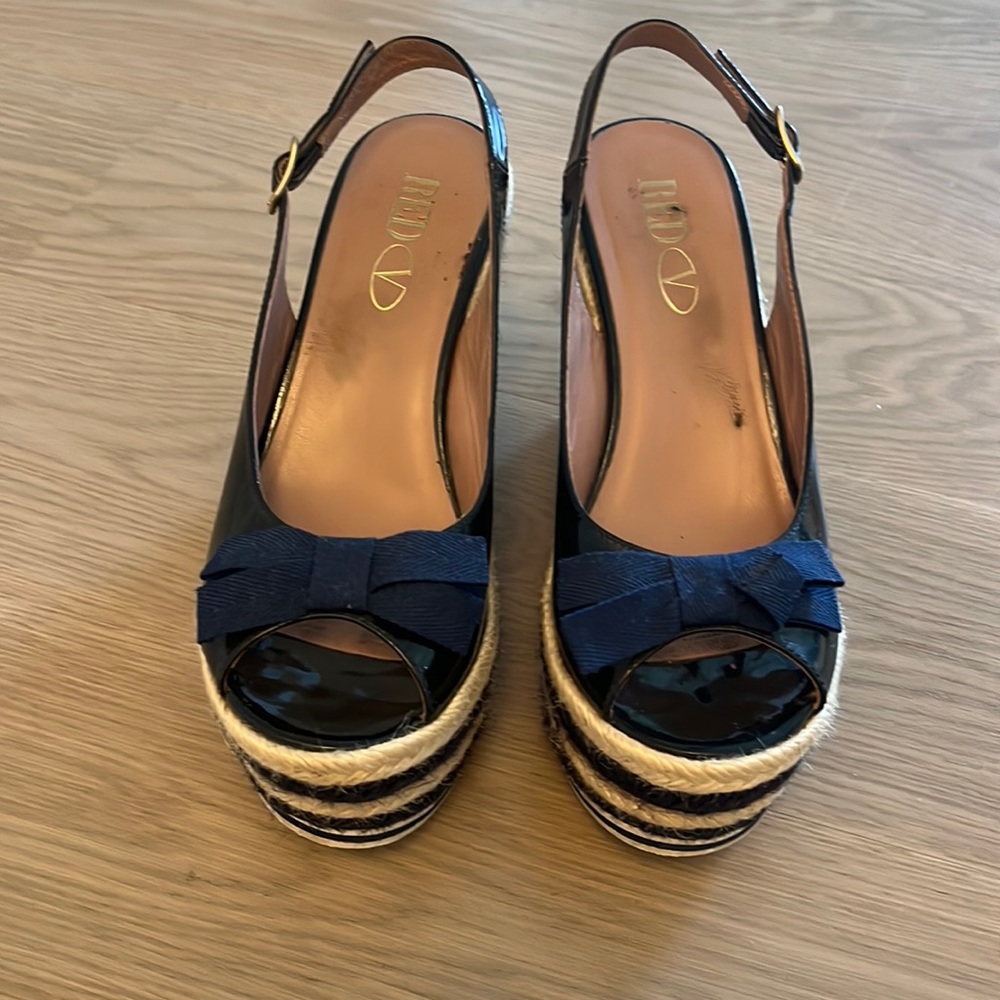 RED VALENTINO NAVY PATENT LEATHER ESPADRILLES WEDGES BOW sz 36 6